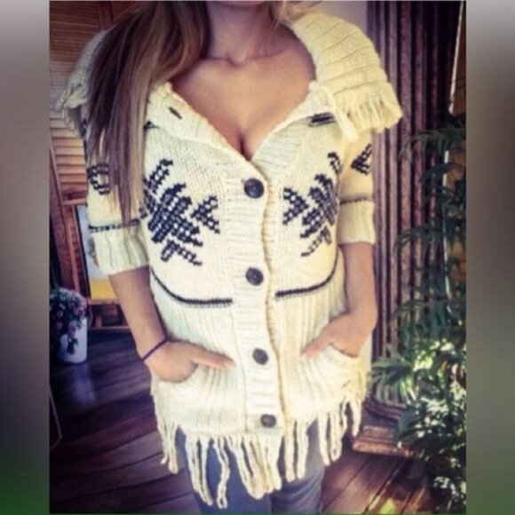 RARE Y2K Hollister Cream & Navy Fringe Hem Button Front Boho Cardigan Sweater - Picture 1 of 5